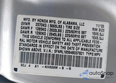 2004 Honda Odyssey Lx z USA, uszkodzony, nr VIN 5FNRL18594B037821